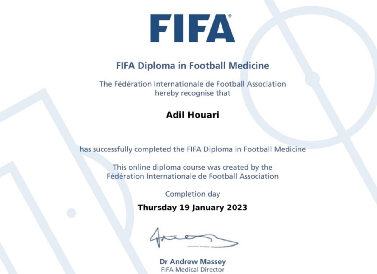 FIFA Diploma in Football Medicine – Dr Adil HOUARI, janvier 2023