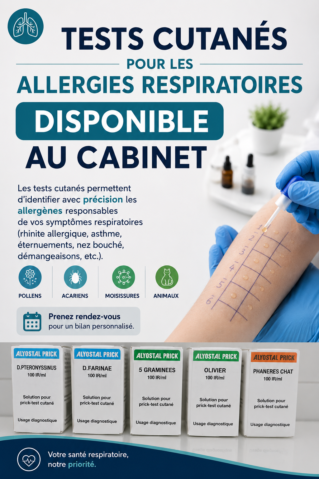 Tests cutanés pour les allergies respiratoires — disponibles au cabinet du Dr Houari Adil à Bouskoura